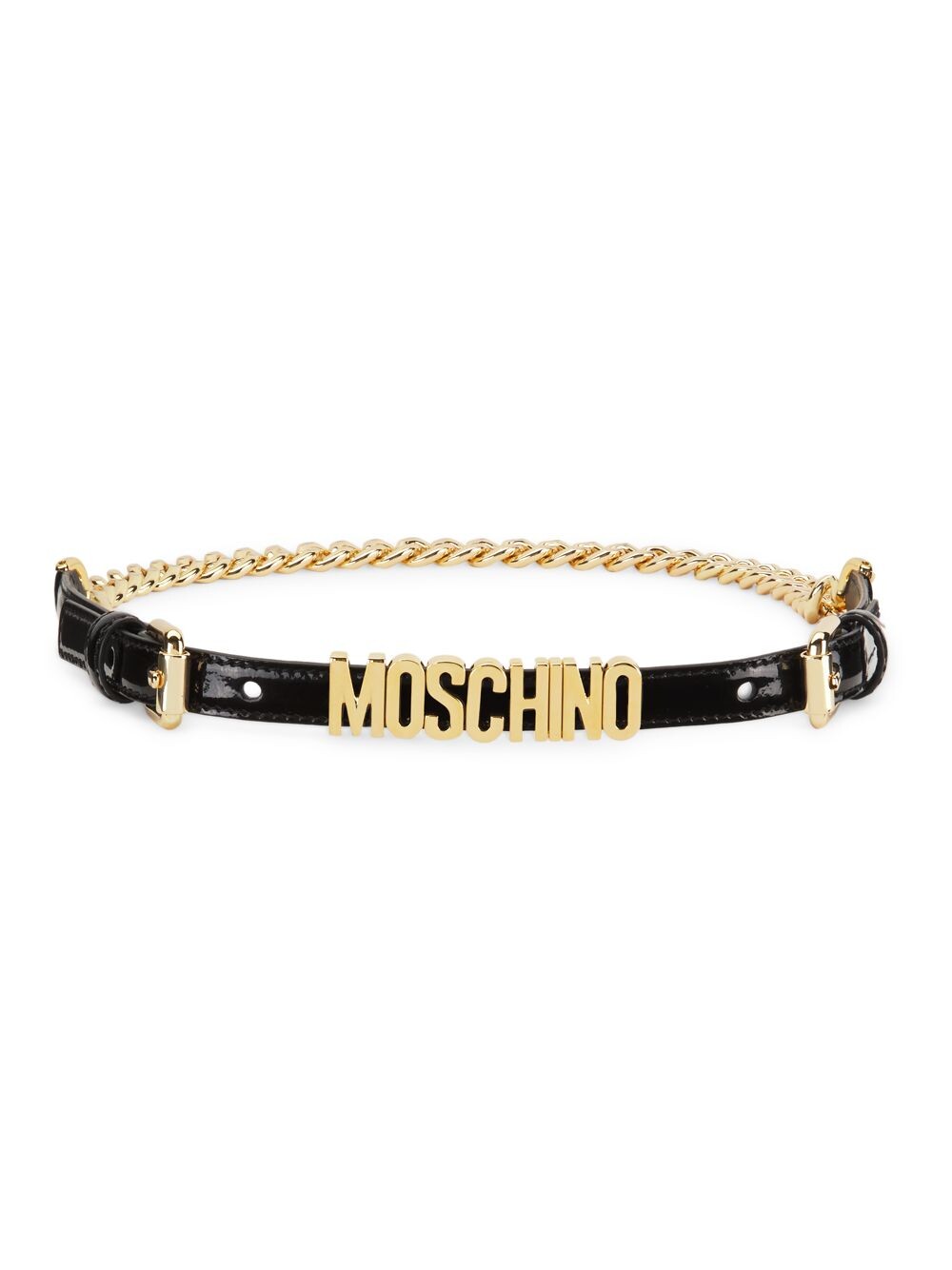 

Ремень-цепочка из лакированной кожи с логотипом Moschino, черный