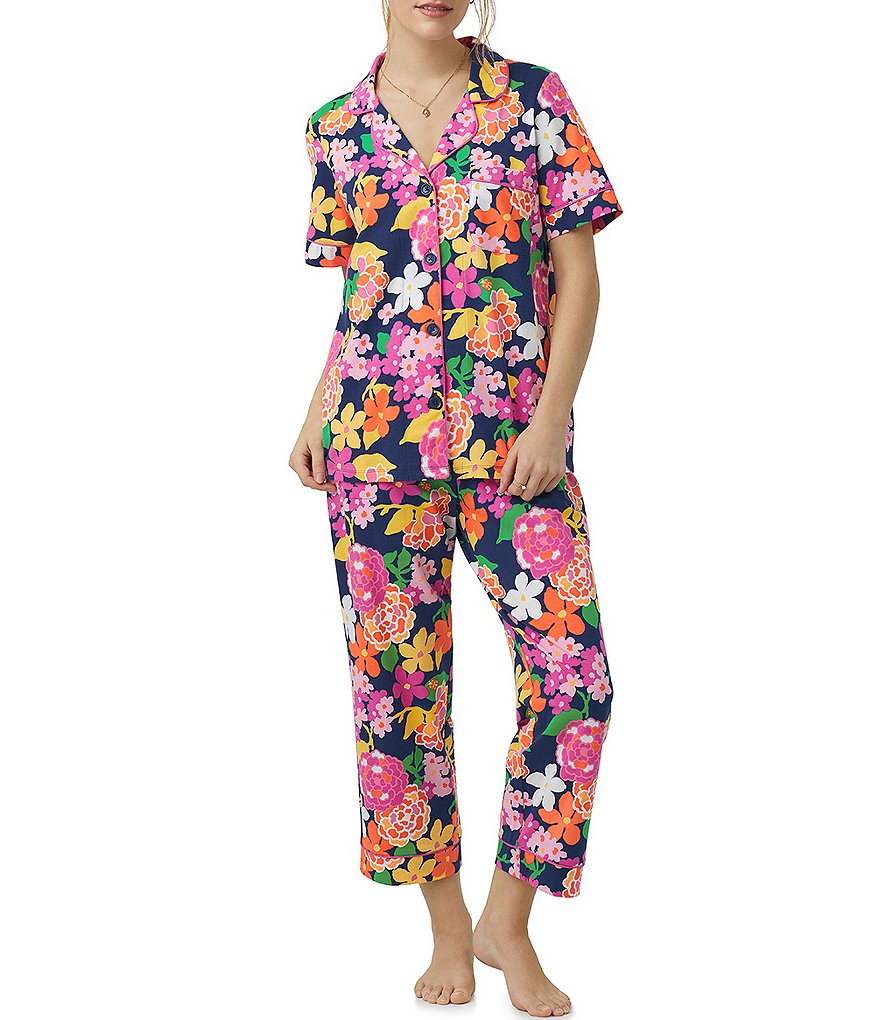 Пижамы BedHead с цветочным принтом, вязаный пижамный комплект с короткими рукавами, нагрудным карманом и воротником с вырезом BedHead Pajamas, цветочный