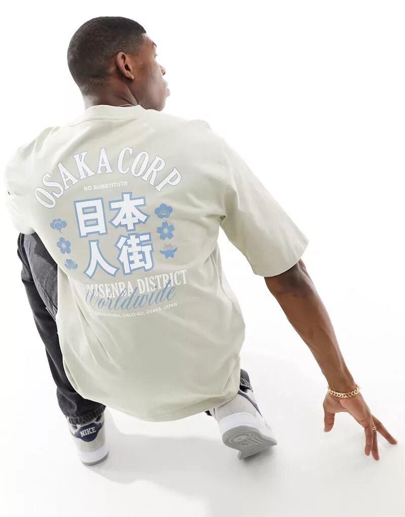 Бежевая футболка оверсайз с японским принтом на спине Only & Sons