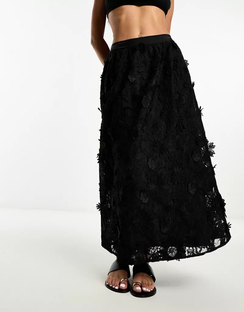 Черная юбка макси Miss Selfridge с объемными цветочными деталями