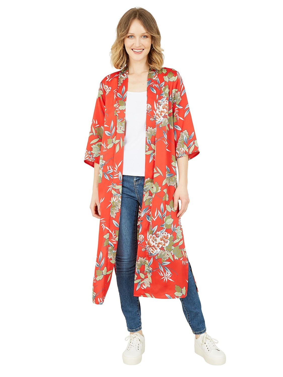 

Длинная куртка-кимоно Yumi Satin Blossom Print, Красный/Мульти