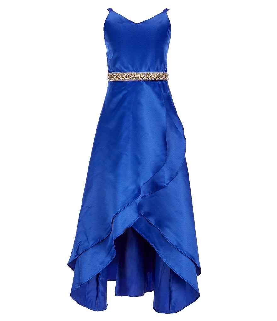Rare Editions Атласное платье макси с искусственным запахом без рукавов для больших девочек 7–16 лет с v-образным вырезом, бисером на талии и завязкой сзади, с двойной воланом и подолом-тюльпаном, синий