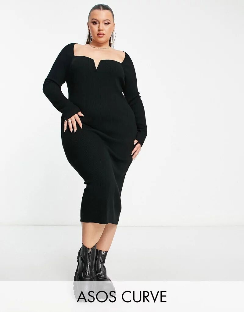 

Черное трикотажное платье миди с глубоким вырезом ASOS DESIGN Curve