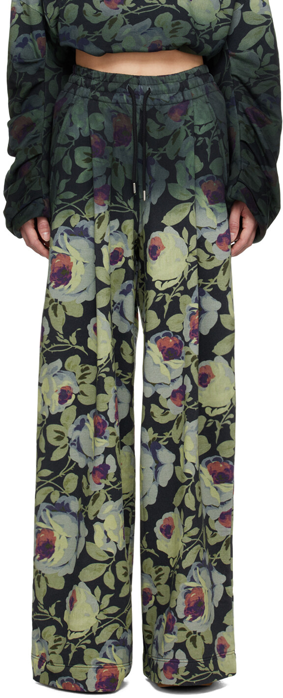 

Зелено-черные брюки для отдыха с цветочным принтом Dries Van Noten, Черный