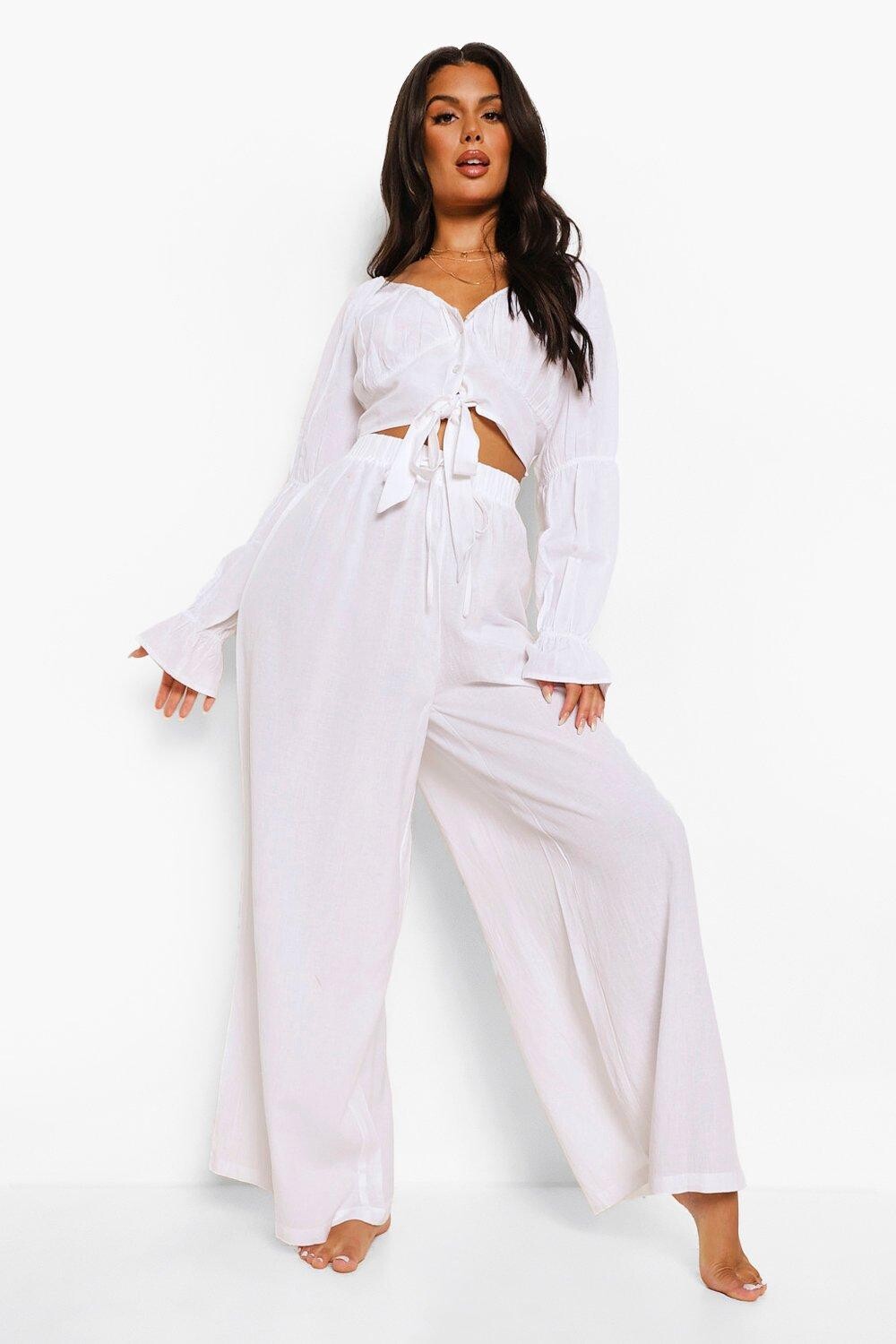 

Пляжные брюки essentials из льна Boohoo, слоновая кость, Бежевый