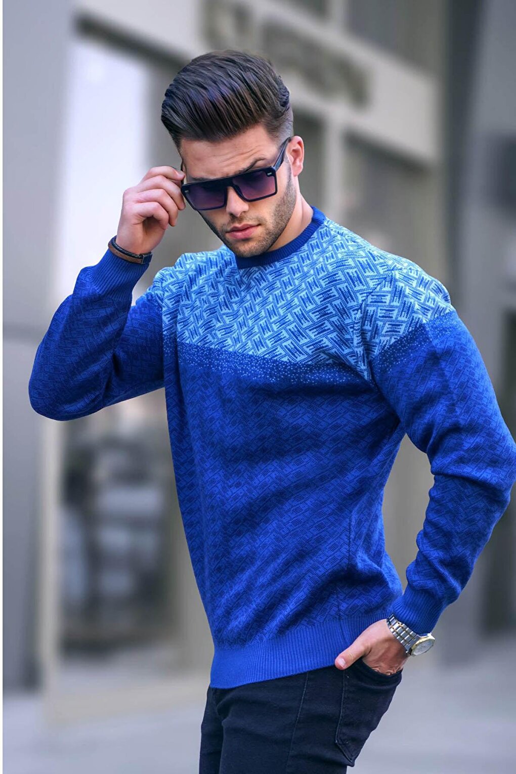 Мужской вязаный свитер с узором индиго 5977 MADMEXT