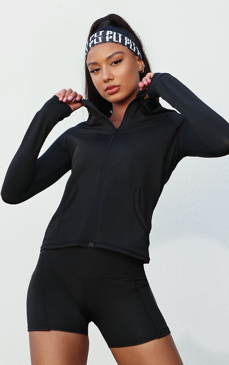 

PrettyLittleThing Черная спортивная куртка на молнии с капюшоном