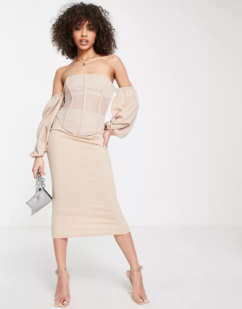 

Корсетное платье миди с открытыми плечами и корсетом ASOS
