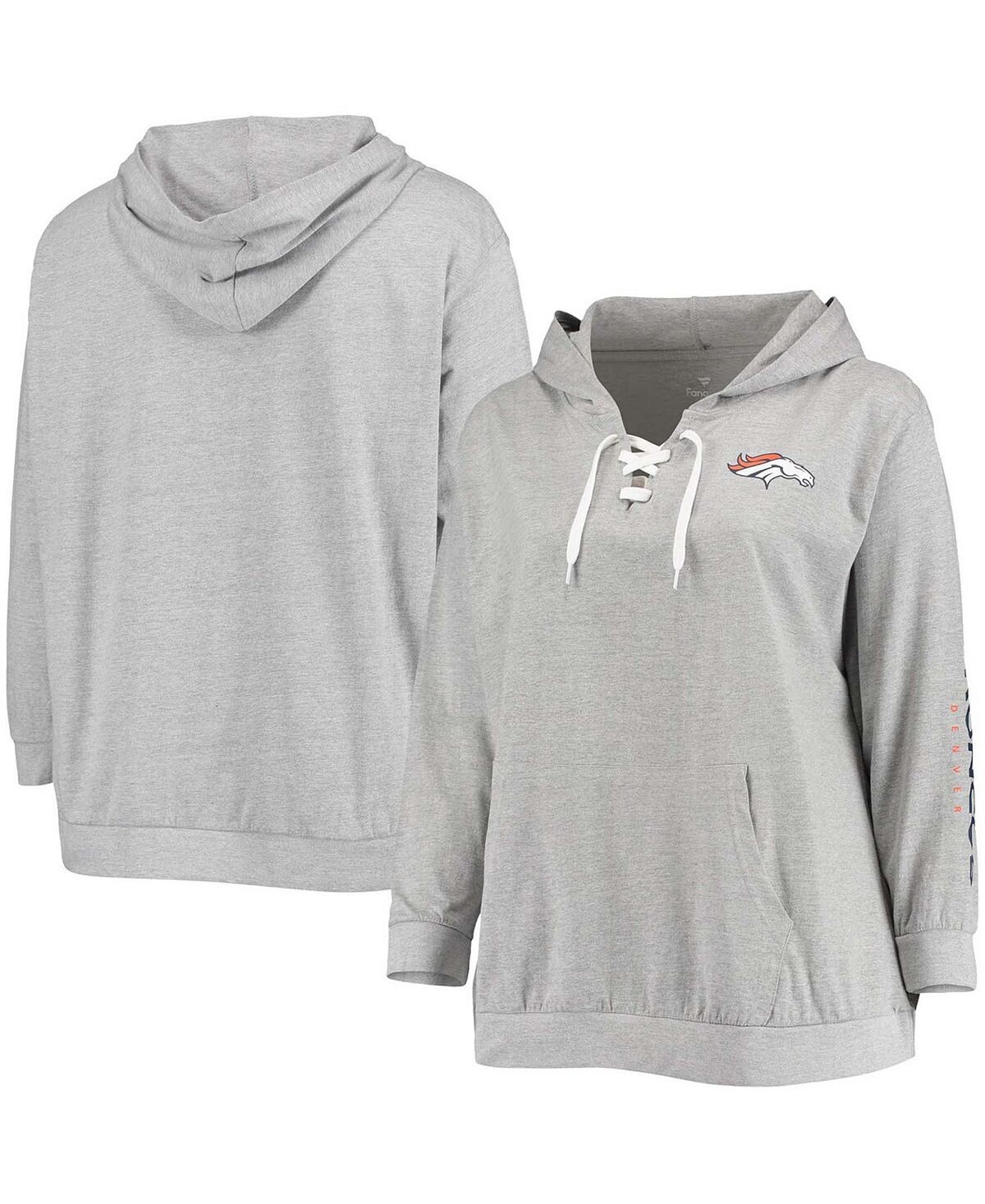 

Женский серый пуловер на шнуровке с капюшоном больших размеров Denver Broncos Fanatics