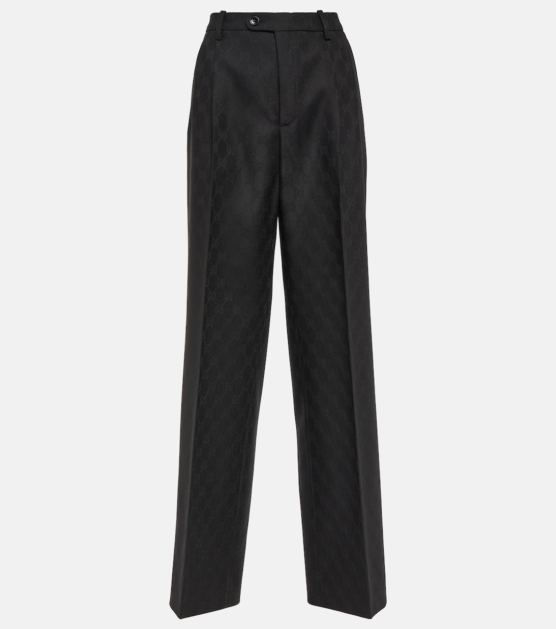 Прямые брюки из шерсти с жаккардовым узором gg и высокой посадкой Gucci, черный