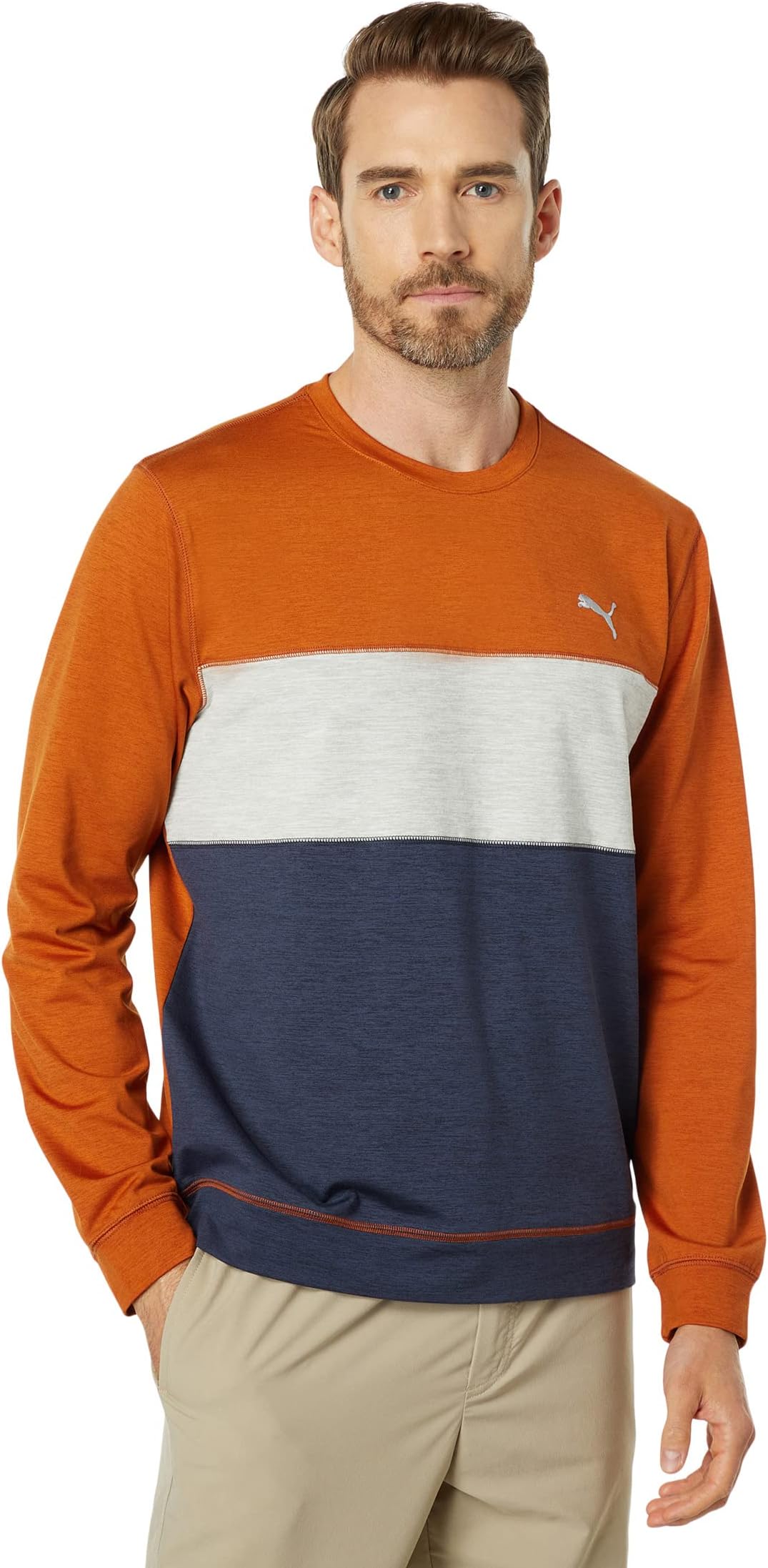 

Толстовка Puma Cloudspun Color-Block Crew Neck, цвет Warm Chestnut Heather/Navy Blazer Heather