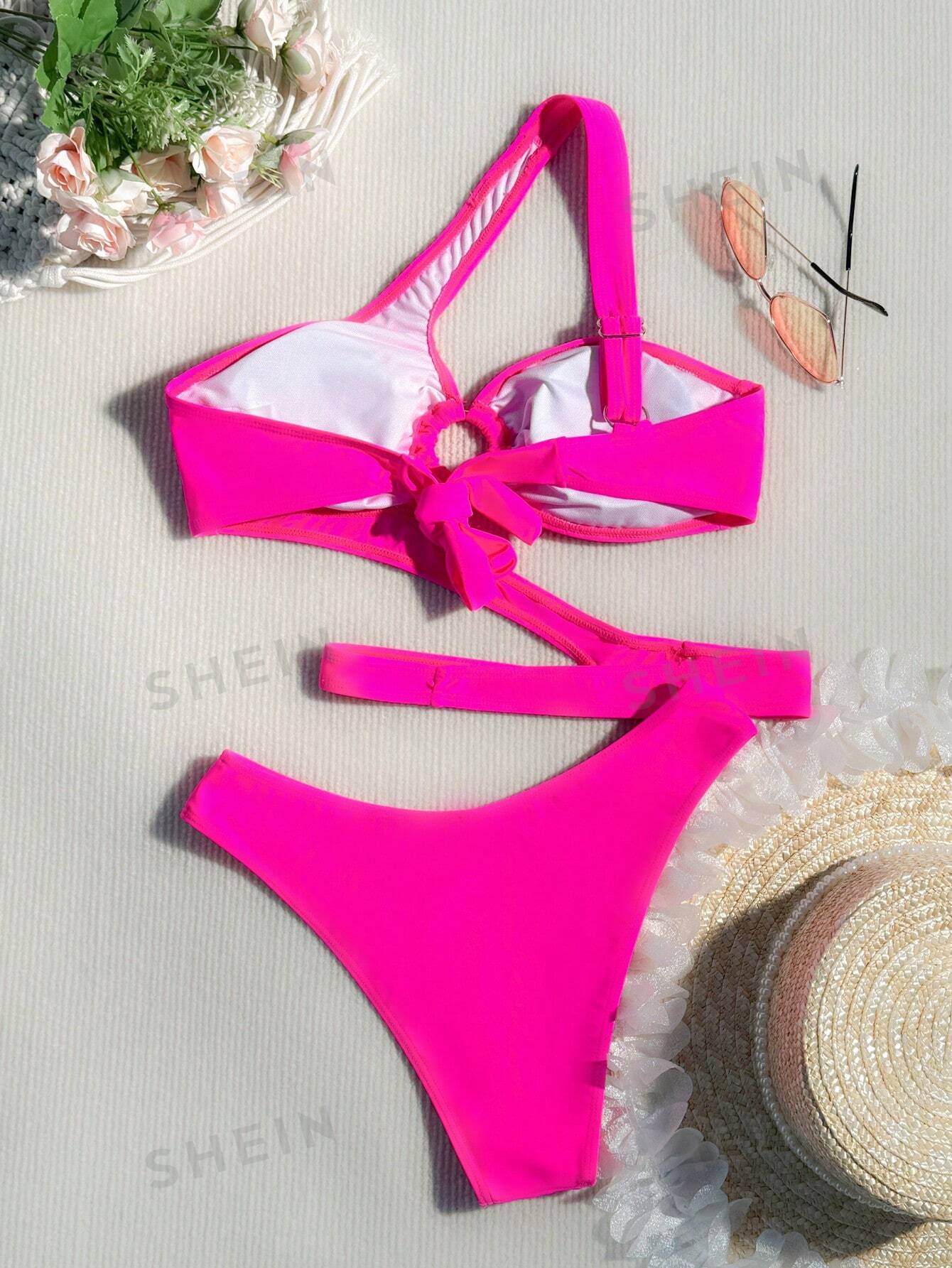 цена SHEIN Swim BAE Элегантный сексуальный комплект бикини на одно плечо с вырезом, ярко-розовый