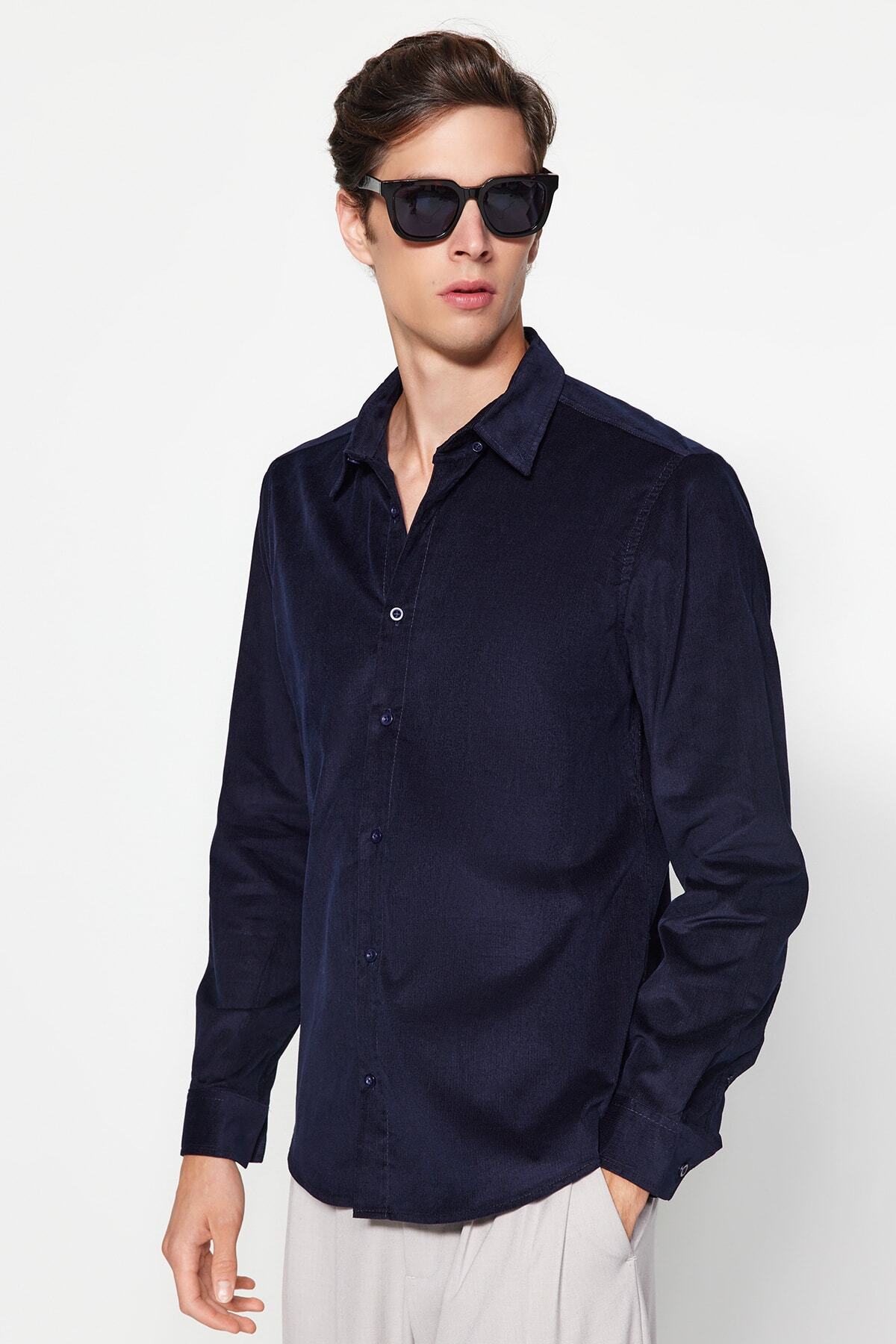 цена Рубашка Trendyol вельветовая приталенного кроя, темно-синий