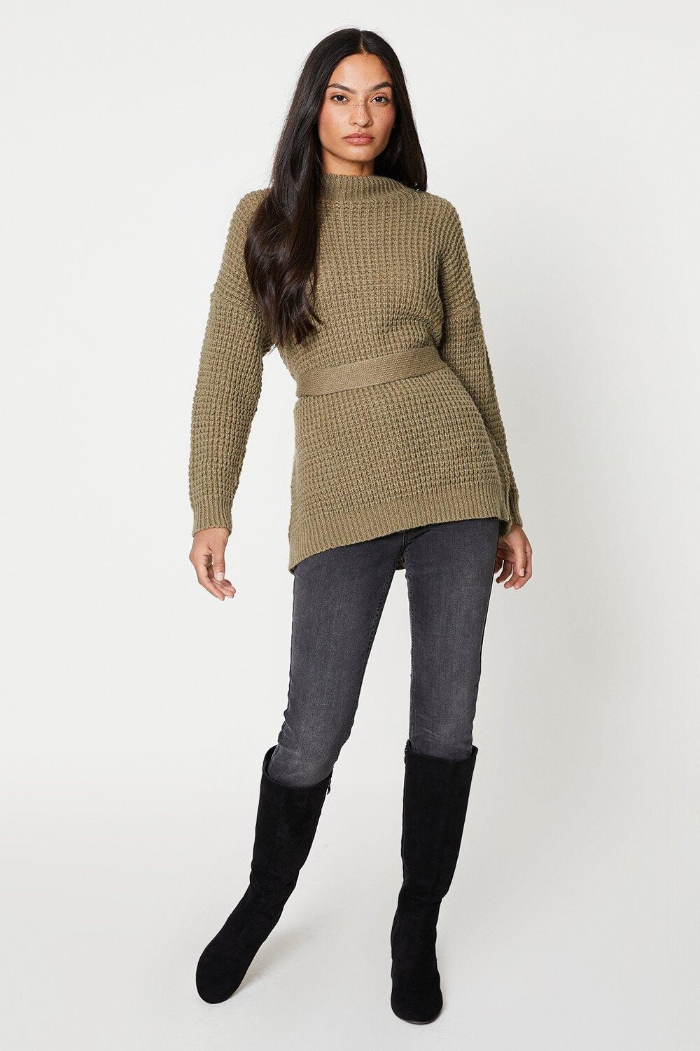 

Мягкая трикотажная туника с поясом и вафельным узором Dorothy Perkins, хаки