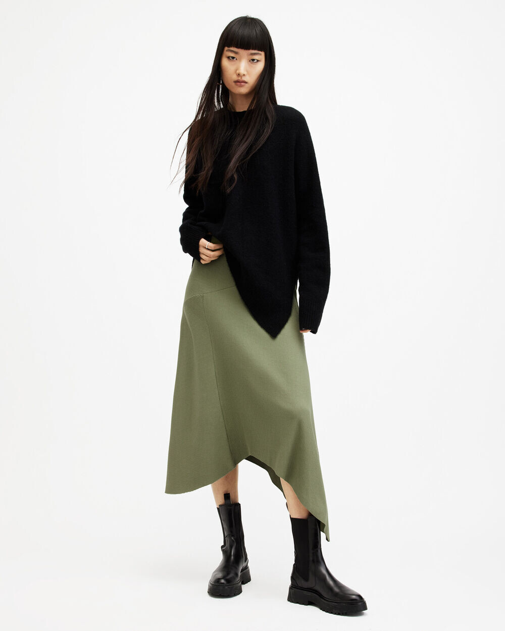 

Асимметричная юбка миди Gia в рубчик AllSaints, трава зеленая