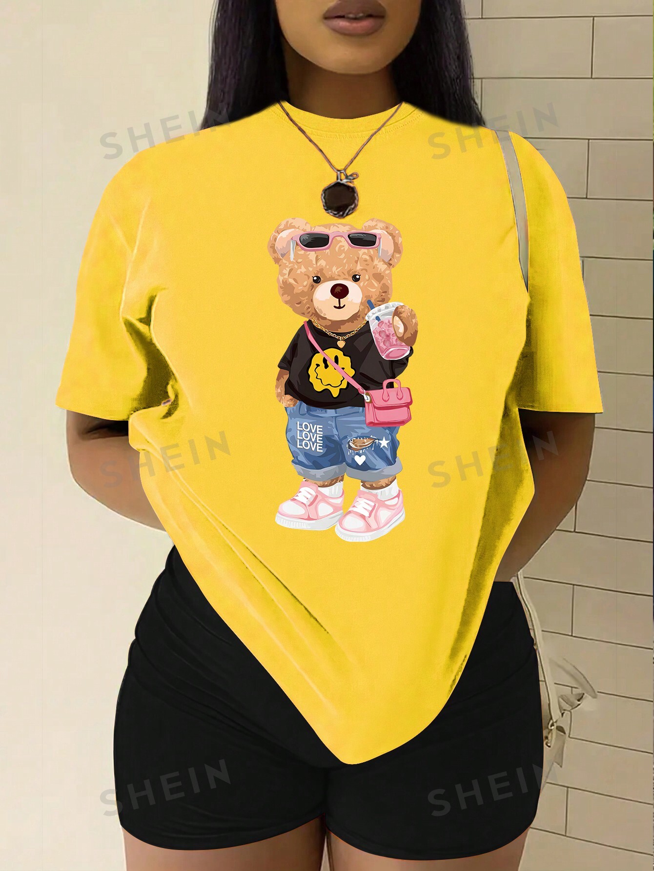 Футболка SHEIN Slayr с принтом Тедди и мультяшным рисунком, горчично-желтый
