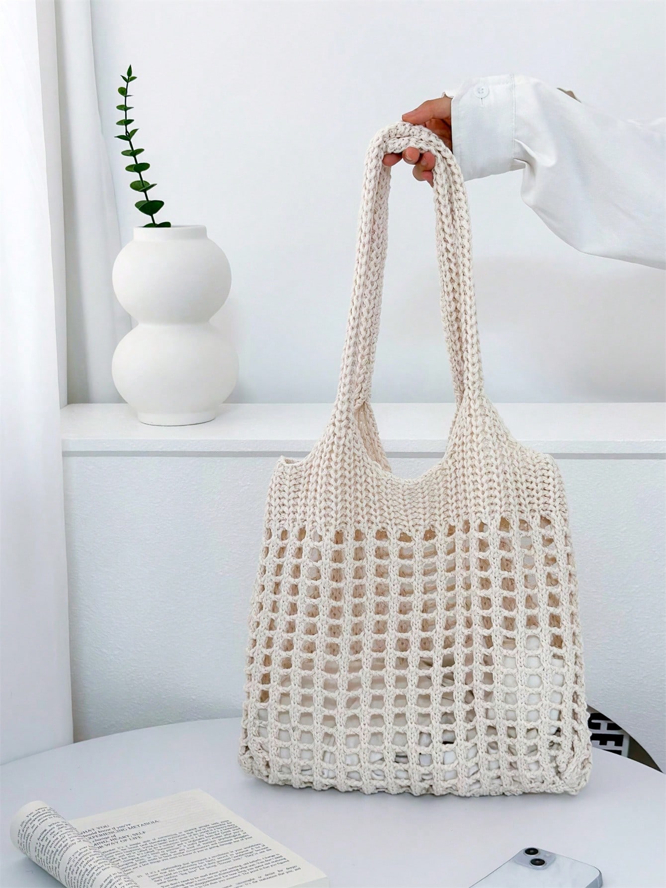 Легкая полая плетеная сумка для покупок для женщин, бежевый