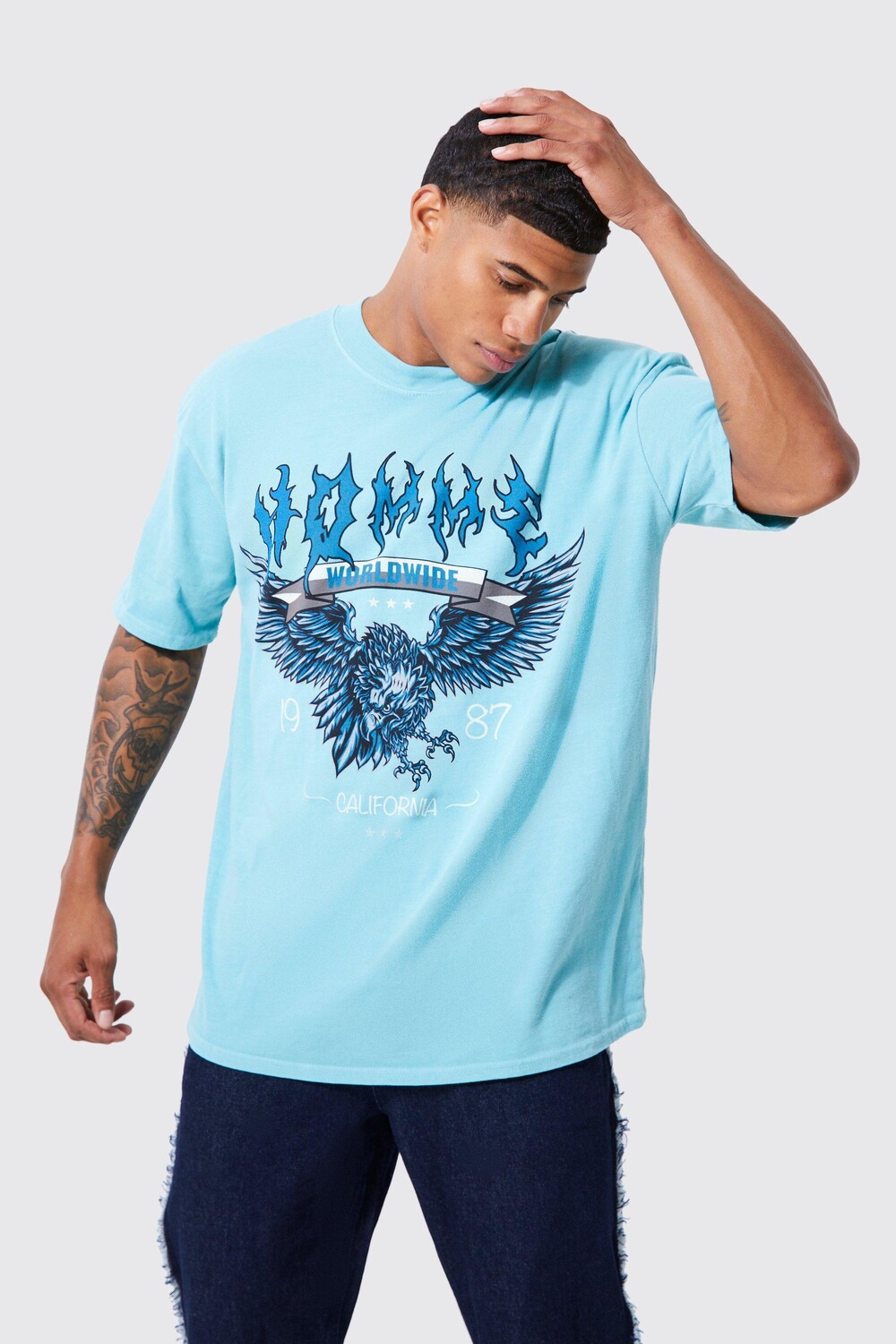 

Футболка oversize overdye с удлиненным вырезом и орлом Boohoo, мятный, Зеленый