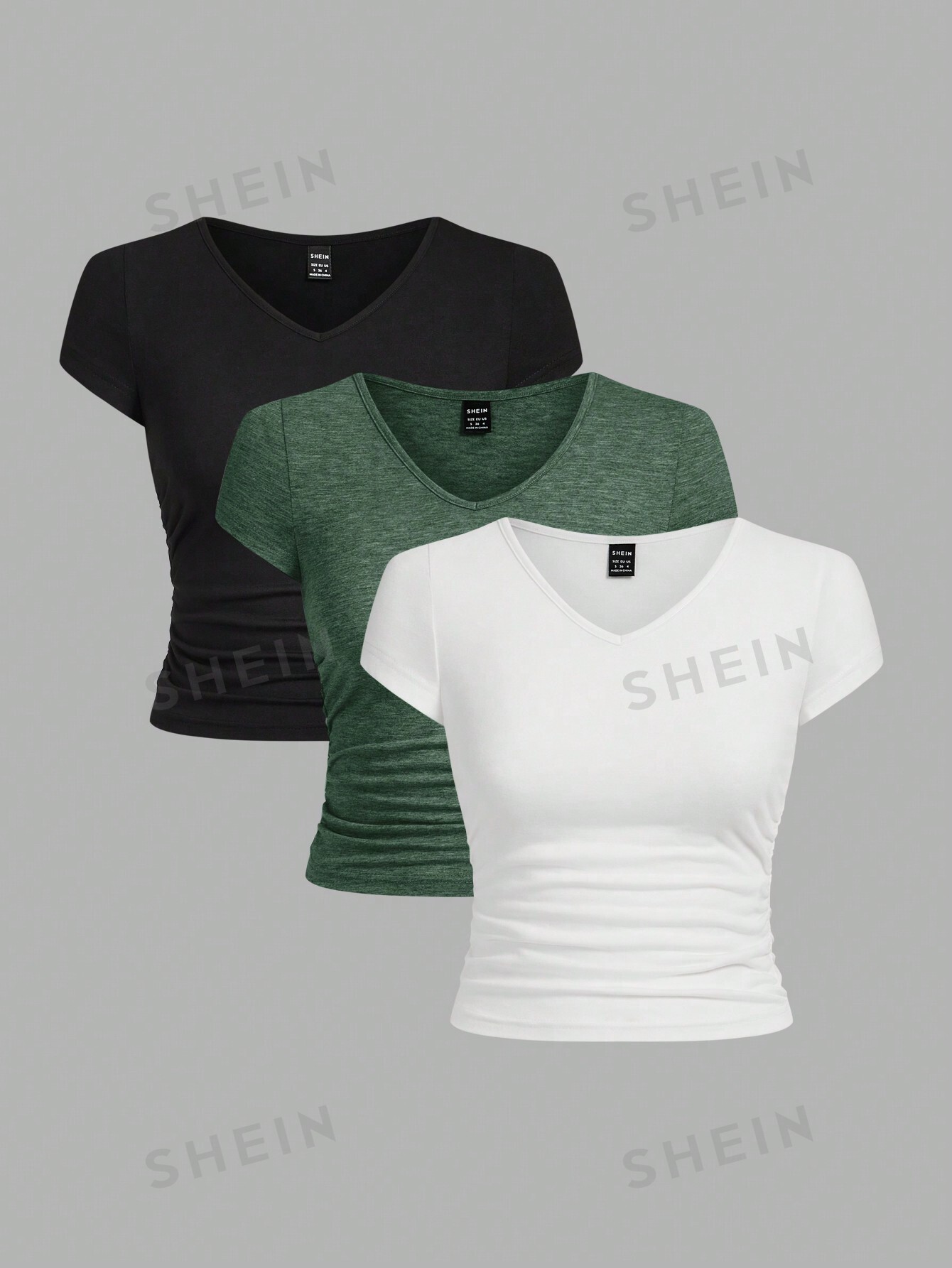 цена SHEIN EZwear Многоцветная трикотажная облегающая футболка с v-образным вырезом и короткими рукавами, темно-зеленый