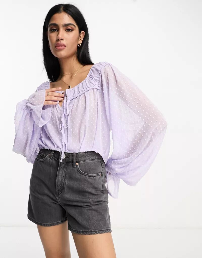 

Лиловая блузка добби с объемными рукавами и завязками спереди ASOS