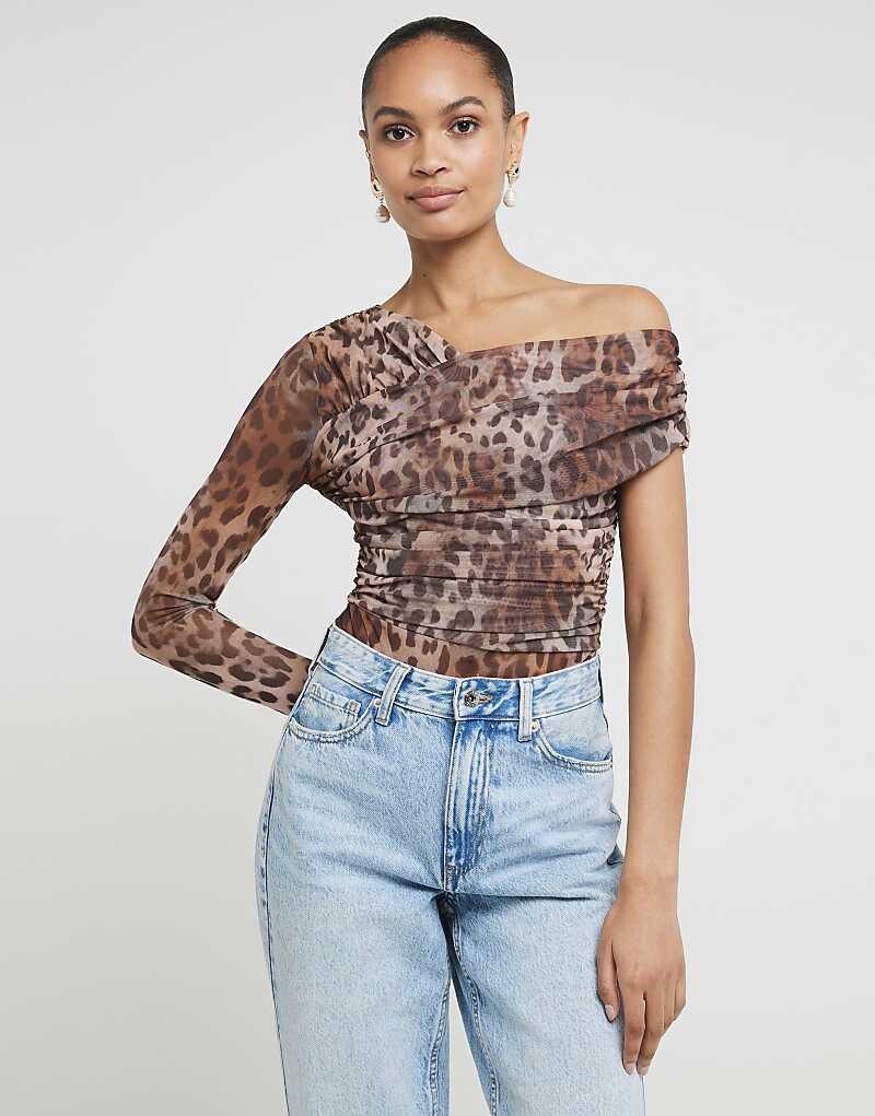 

Коричневое боди асимметричного кроя с леопардовым принтом River Island Mesh