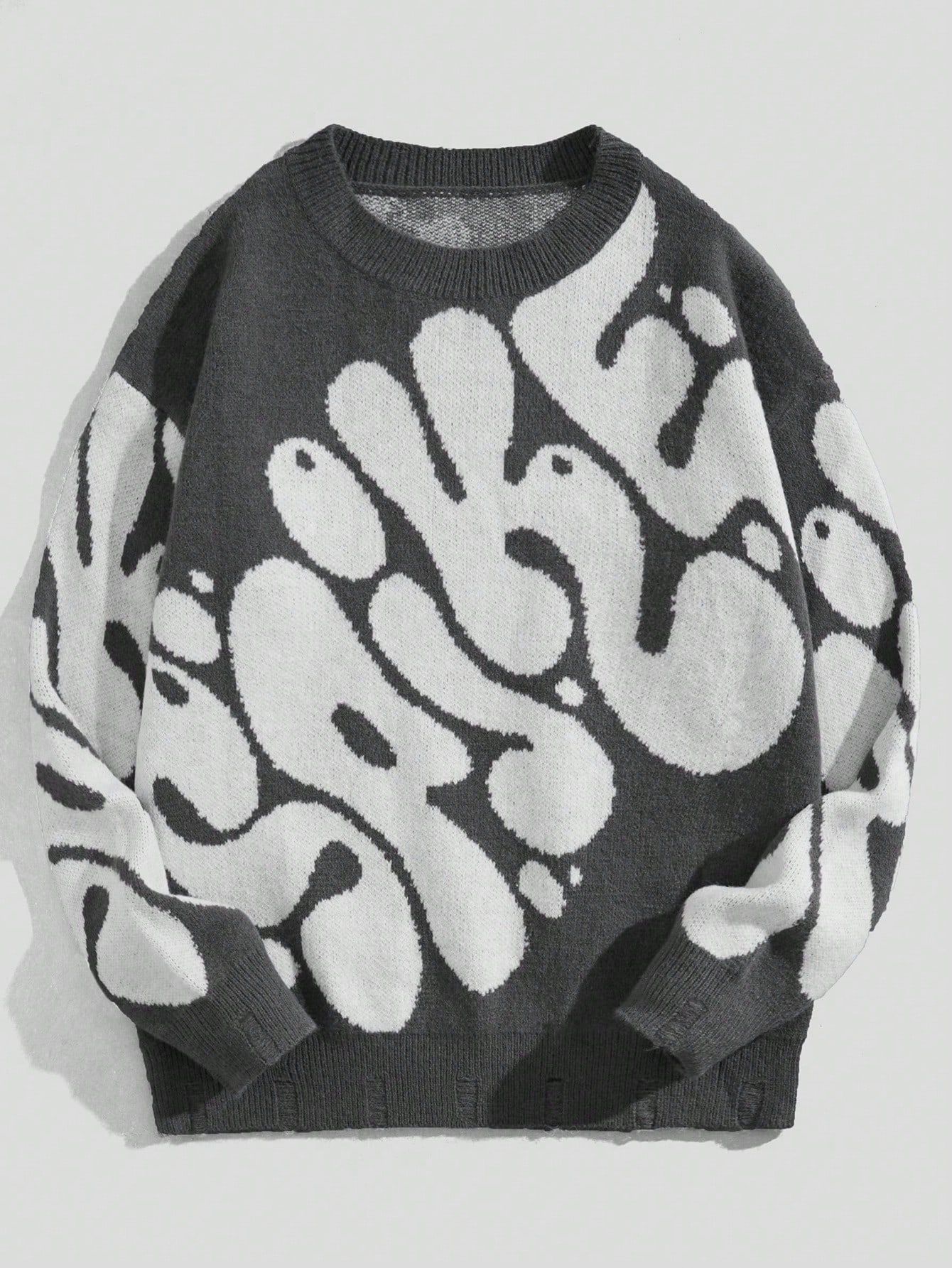 Мужской свитер с круглым вырезом ROMWE Street Life с буквенным узором, серый