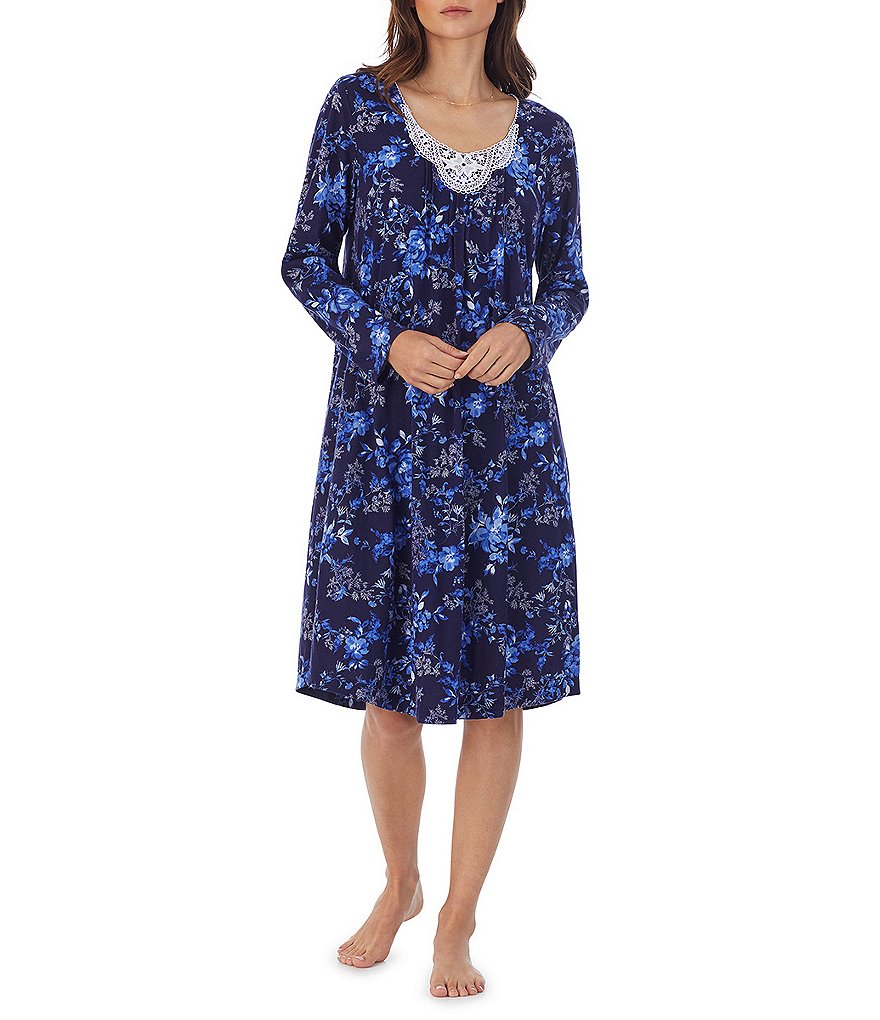 Ночная рубашка из хлопкового джерси Carole Hochman с длинными рукавами и v-образным вырезом с цветочным принтом, синий yndfcnb carole
