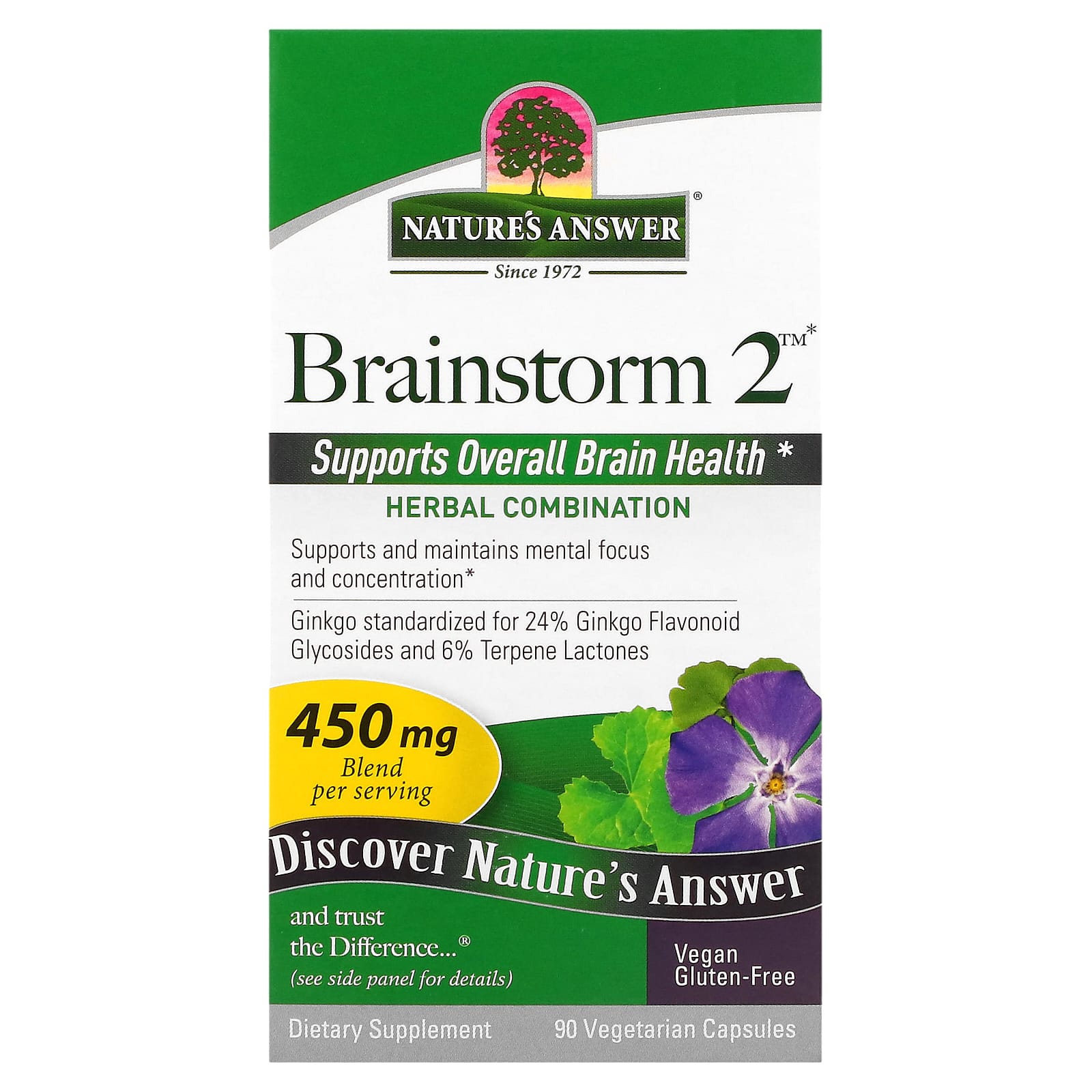 

Brainstorm 2, смесь трав, 450 мг, 90 вегетарианских капсул, Nature's Answer