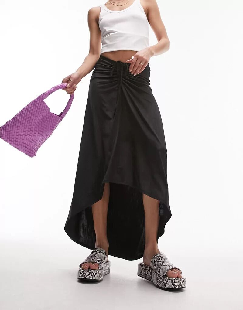 

Черная фактурная трикотажная юбка миди со сборками спереди Topshop