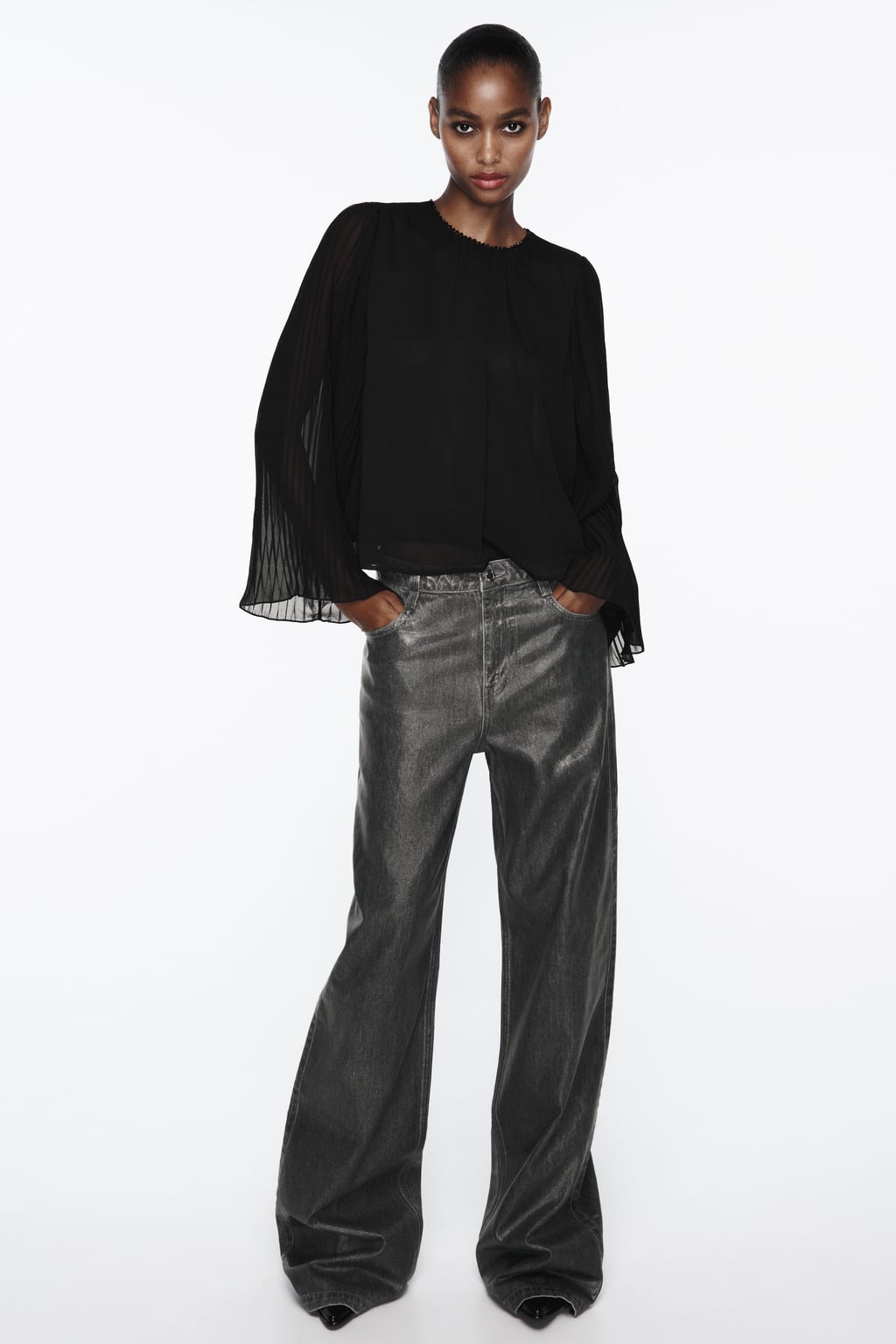 

Блузка с плиссированными рукавами ZARA, черный