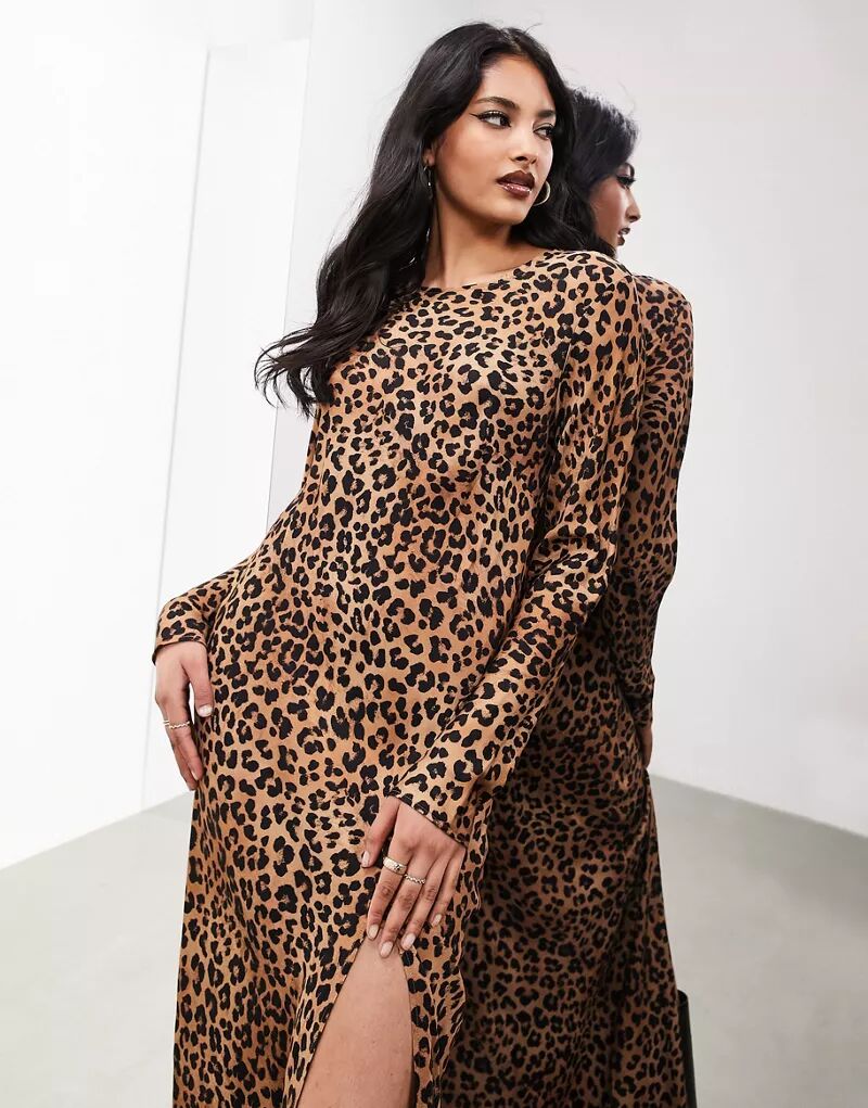 Платье макси косого кроя с длинными рукавами ASOS с леопардовым принтом