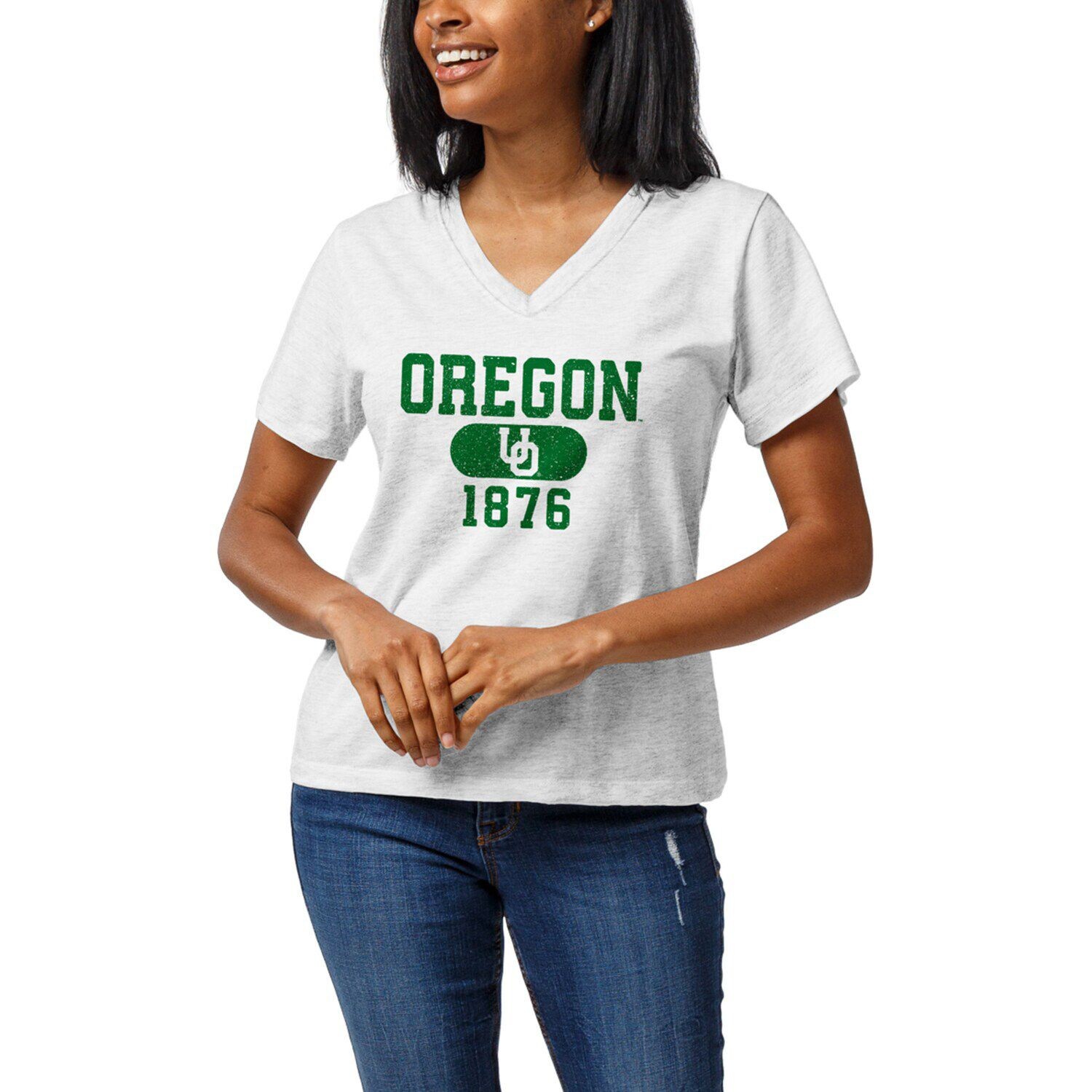 

Женская лига, студенческая одежда, футболка White Oregon Ducks Intramural Boyfriend Tri-Blend с v-образным вырезом