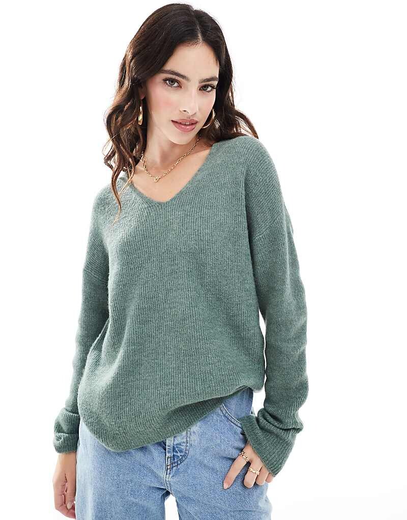

Vero Moda – Светлый меланжевый свитер зеленого цвета с V-образным вырезом