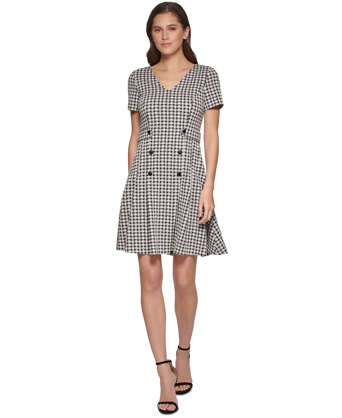 

Женское расклешенное платье с короткими рукавами в мелкую клетку DKNY