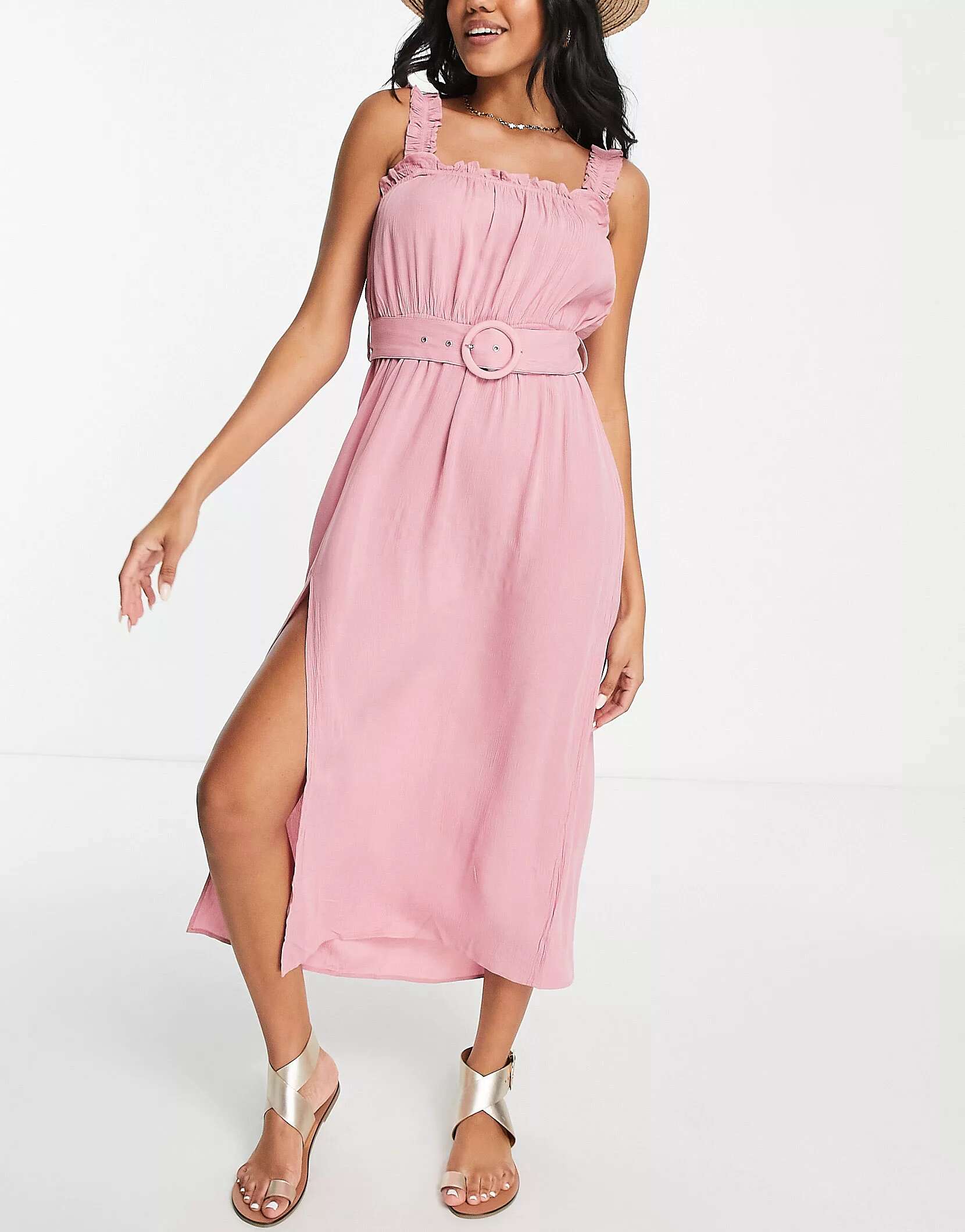 Розовое пляжное платье миди с поясом и бретелями River Island платье river island комбинированное 44 46 размер