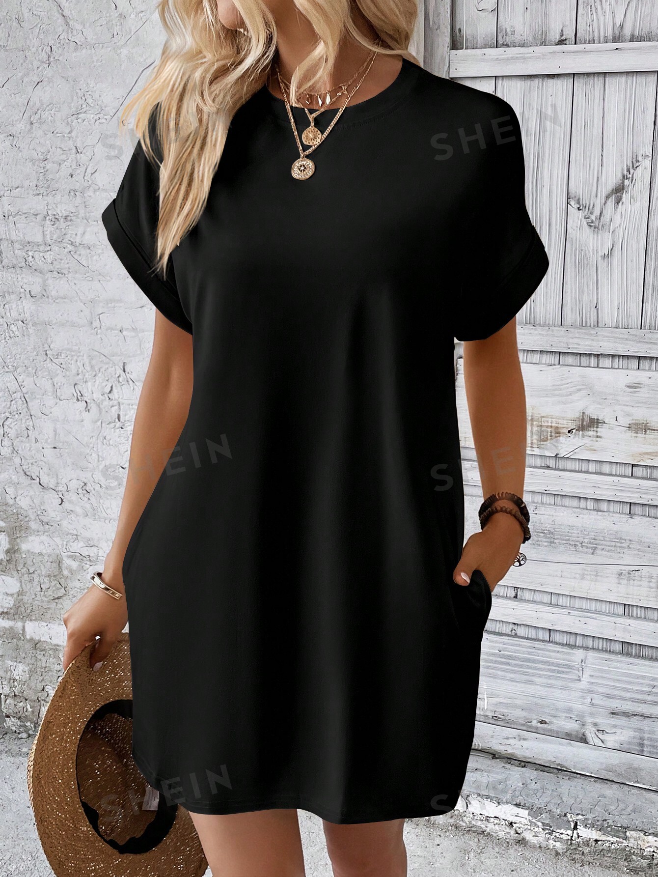 SHEIN LUNE Однотонное платье с рукавами «летучая мышь» и диагональными карманами, черный