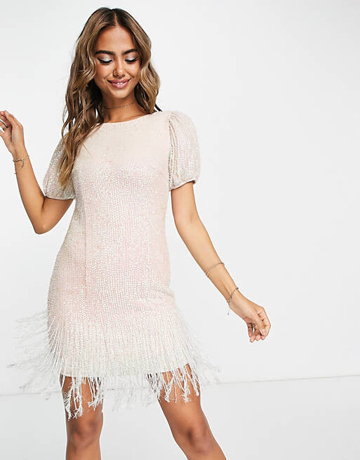 

Розовое платье мини с отделкой искусственными перьями Miss Selfridge Premium, Розовый