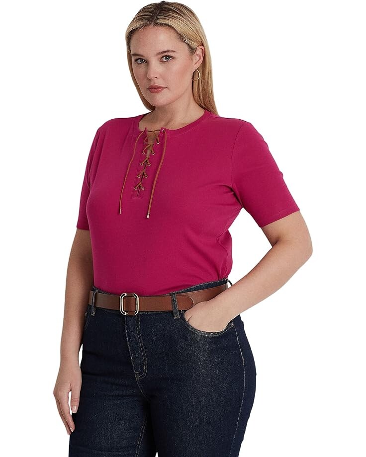 

Футболка LAUREN Ralph Lauren Plus Size Lace-Up Stretch Cotton, фуксия