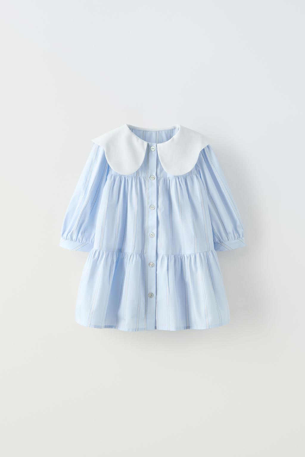Платье из поплина ZARA, светло-синий белая тонкая летняя рубашка с воротником питер пэн 2021
