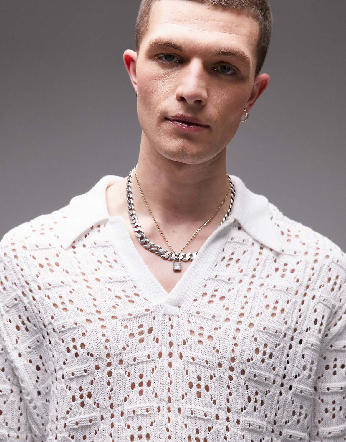 

Белая вязаная рубашка-поло крючком с v-образным вырезом Topman, Белый