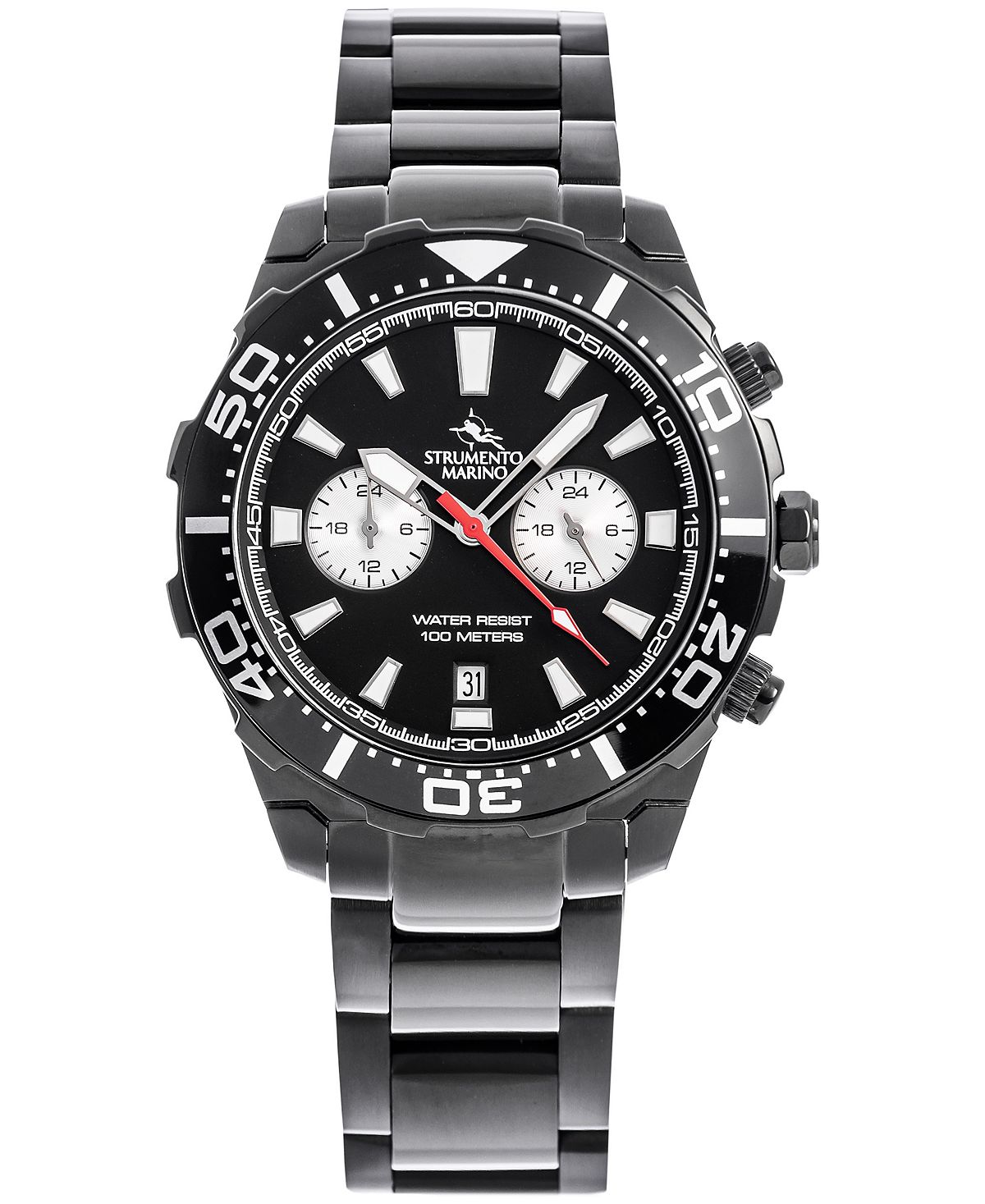 Мужские часы с браслетом из нержавеющей стали с черным PVD-покрытием и двумя часовыми поясами, 44 мм Strumento Marino