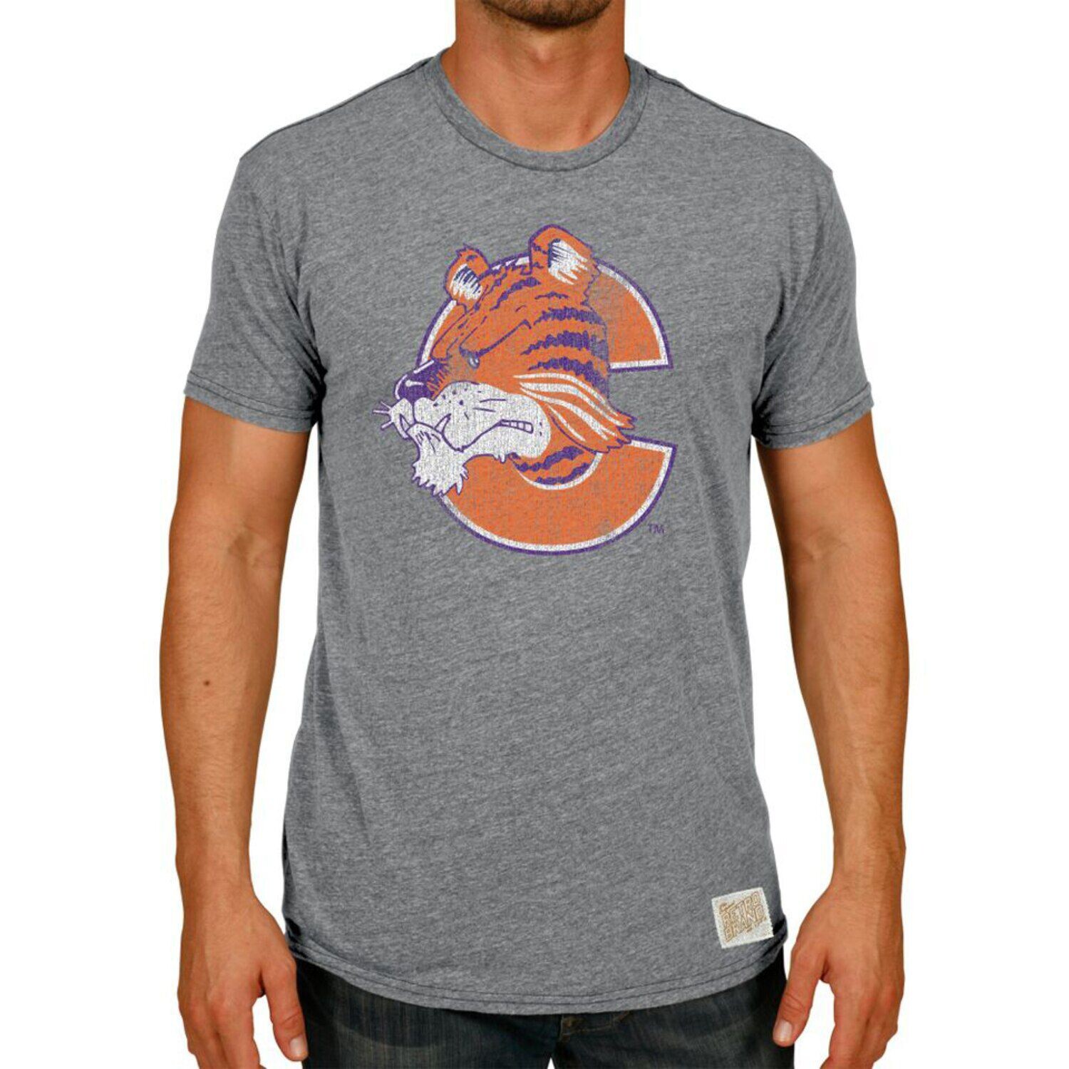 

Мужская оригинальная брендовая ретро-серая футболка Clemson Tigers Vintage C Tri-Blend с принтом