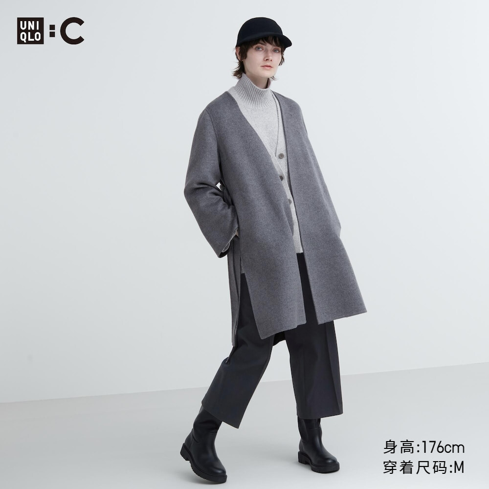 

Пальто Uniqlo шерстяное двустороннее на шнуровке, серый