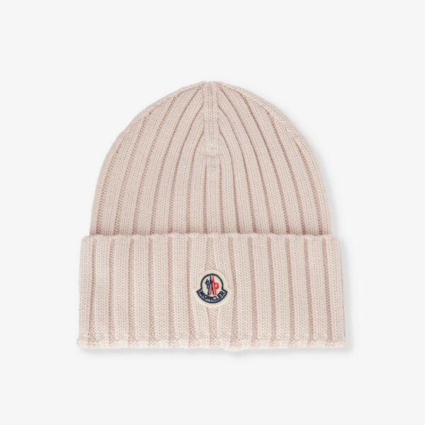 

Шапка шерстяной вязки в рубчик с фирменной биркой Moncler, розовый