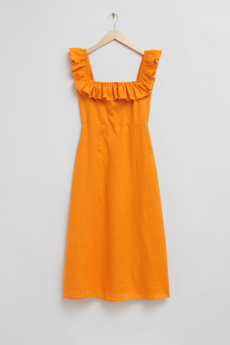 Льняное платье миди с рюшами на вырезе и другими историями H&M, оранжевый