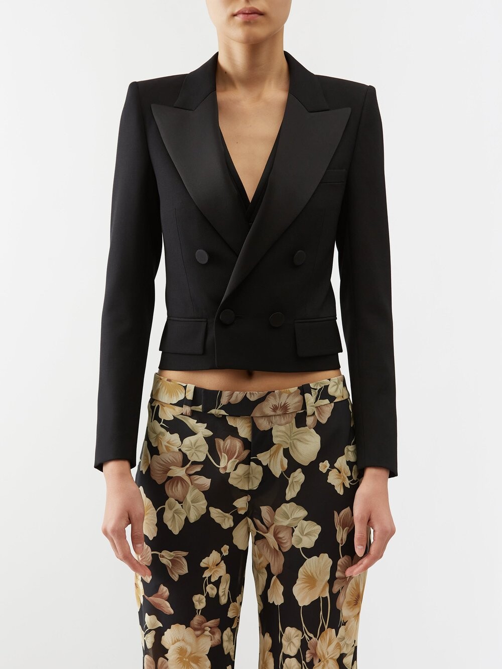 

Укороченный креповый пиджак-смокинг с атласными лацканами Saint Laurent, черный