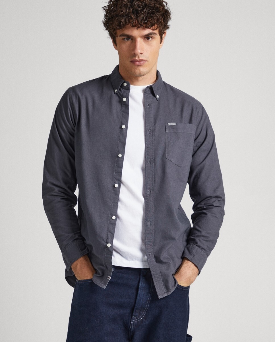 

Обычная однотонная мужская рубашка темно-серого цвета Pepe Jeans, темно-серый