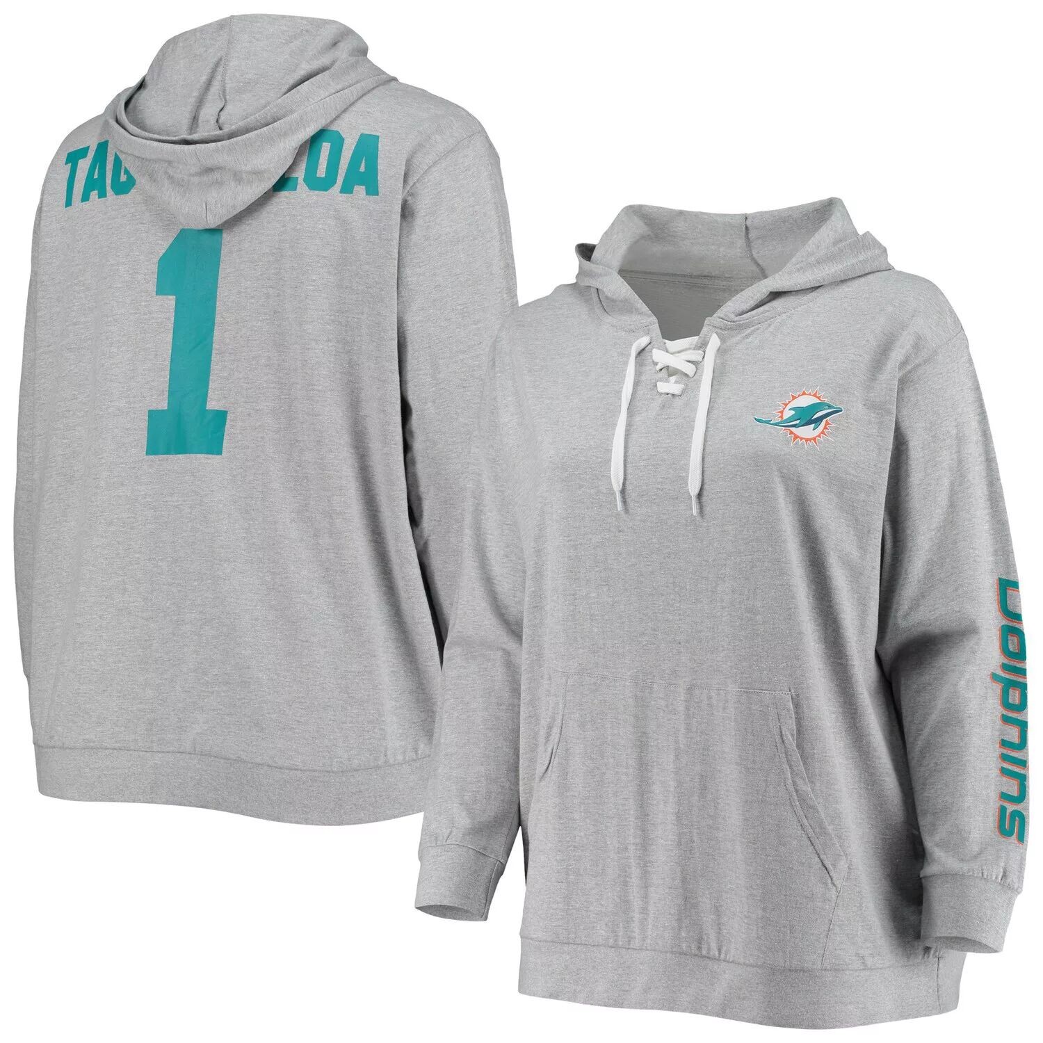 

Женская толстовка с капюшоном Fanatics с фирменным логотипом Tua Tagovailoa, серая с принтом Miami Dolphins, имя и номер игрока, кружевной пуловер с v-образным вырезом Fanatics, Серый