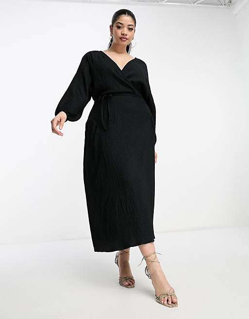 

Черное фактурное платье миди с жатым запахом и завязками по бокам ASOS DESIGN Curve