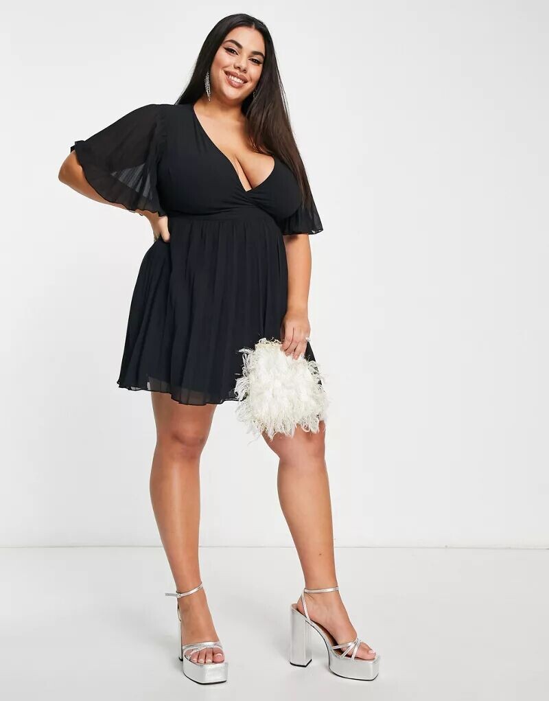 

Эксклюзивное черное мини-платье ASOS DESIGN Curve с рукавами-кимоно, завязывающимся поясом и плиссированной моделью
